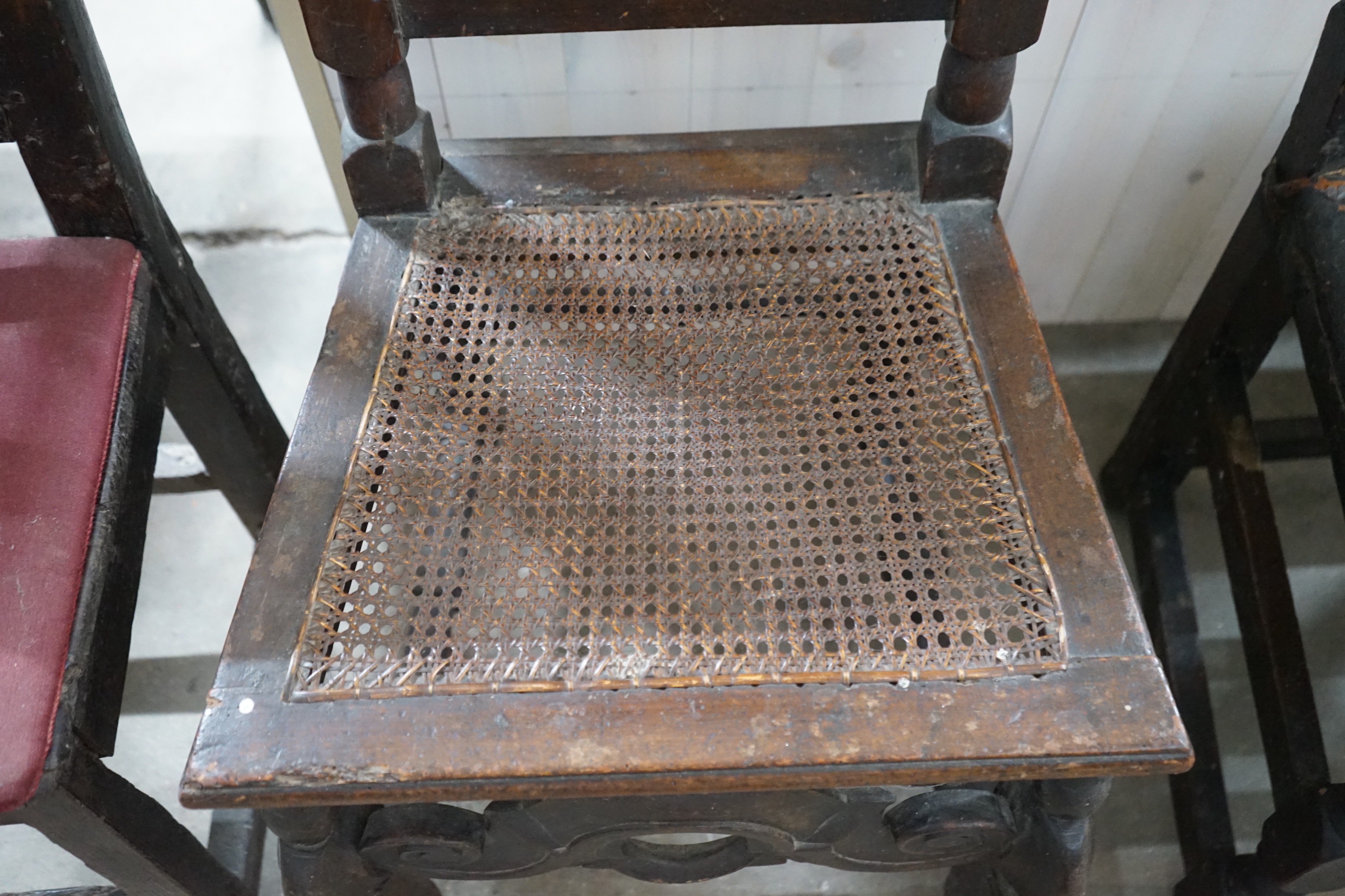 A Carolean style caned high back dining chair together with two other chairs